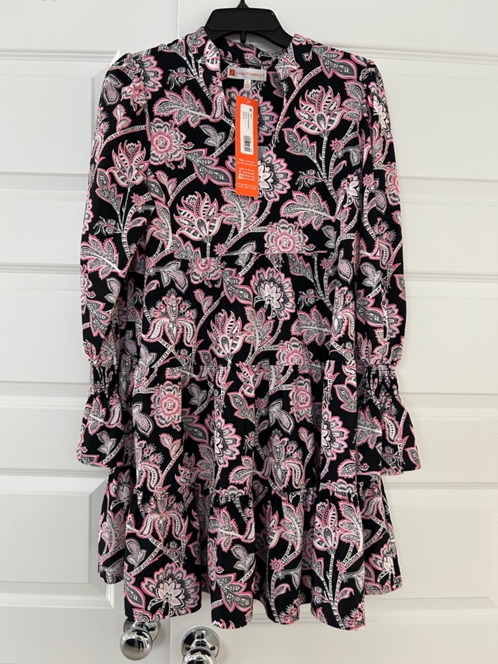 Jude Connally Black Pink Paisley Long Sleeve Tiered Dress